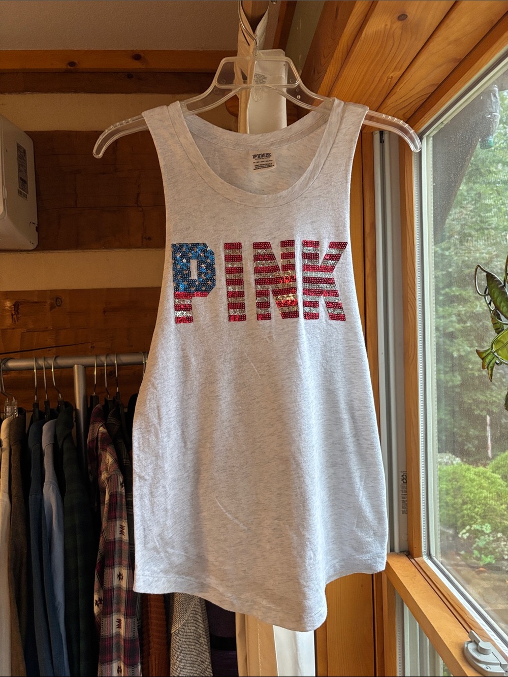 PINK Victoria's Secret Light Gray Tank with American Flag Logo